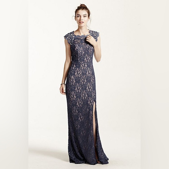 🆕 DAVID'S BRIDAL long lace cap sleeve dress with keyhole back SZ 3 - Picture 1 of 10